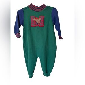 Vintage Healthtex Holiday Moose Blue and Green Snap Button Romper Bodysuit 12M